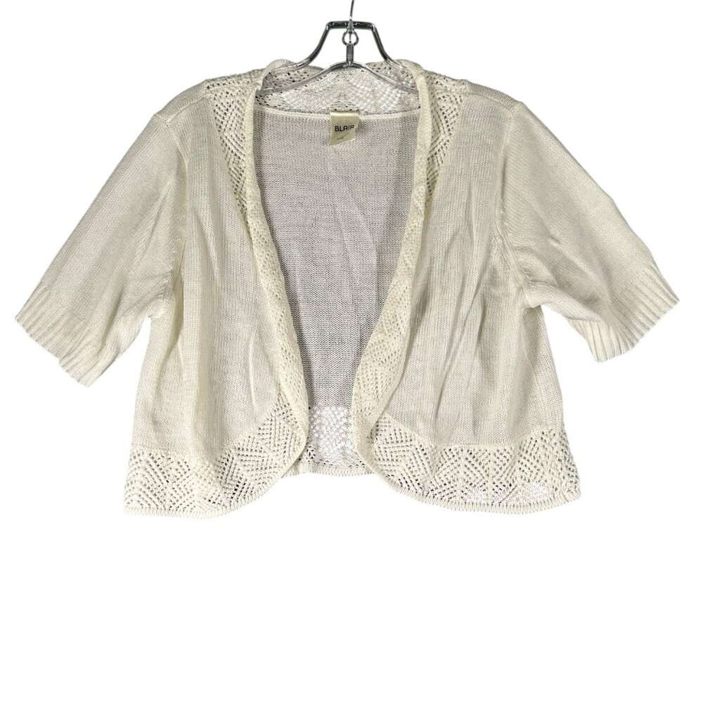 Vtg Blair Womens Medium Cream Scalloped Crochet Shrug Sweater Cardigan